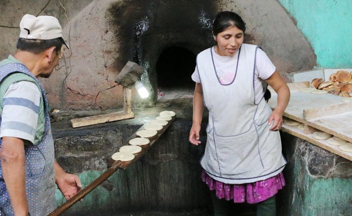 A woman in an apron is making food.