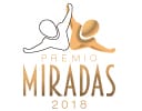A gold and white logo for the miradas 2 0 1 8